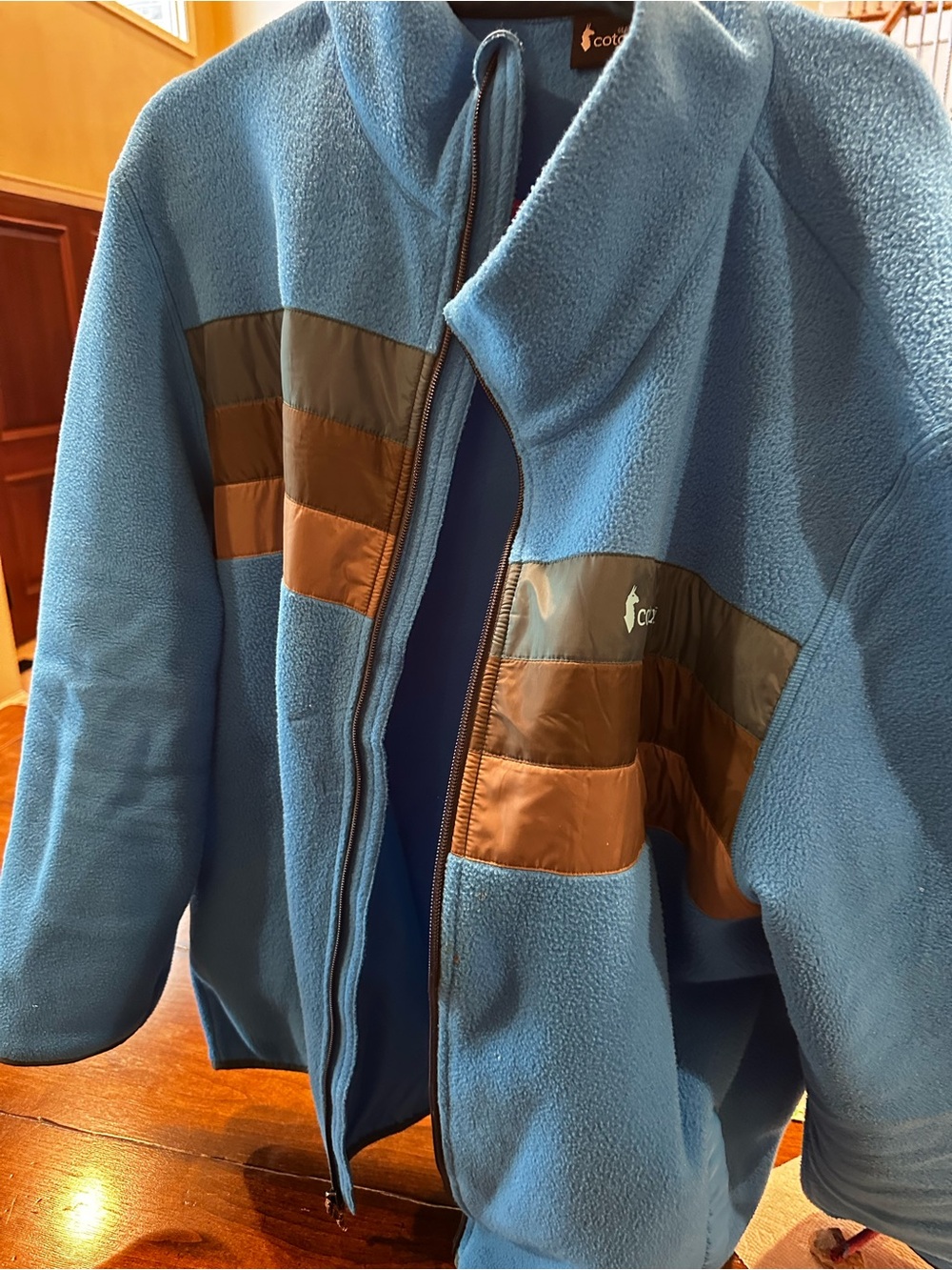 cotopaxi Blue Fleece Jacket with Brown & Olive Stripe Panels